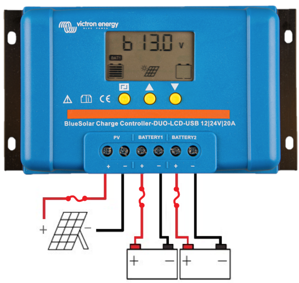 Exemple de montage du régulateur solaire deux sorties batterie Victron BlueSolar 12/24-20A